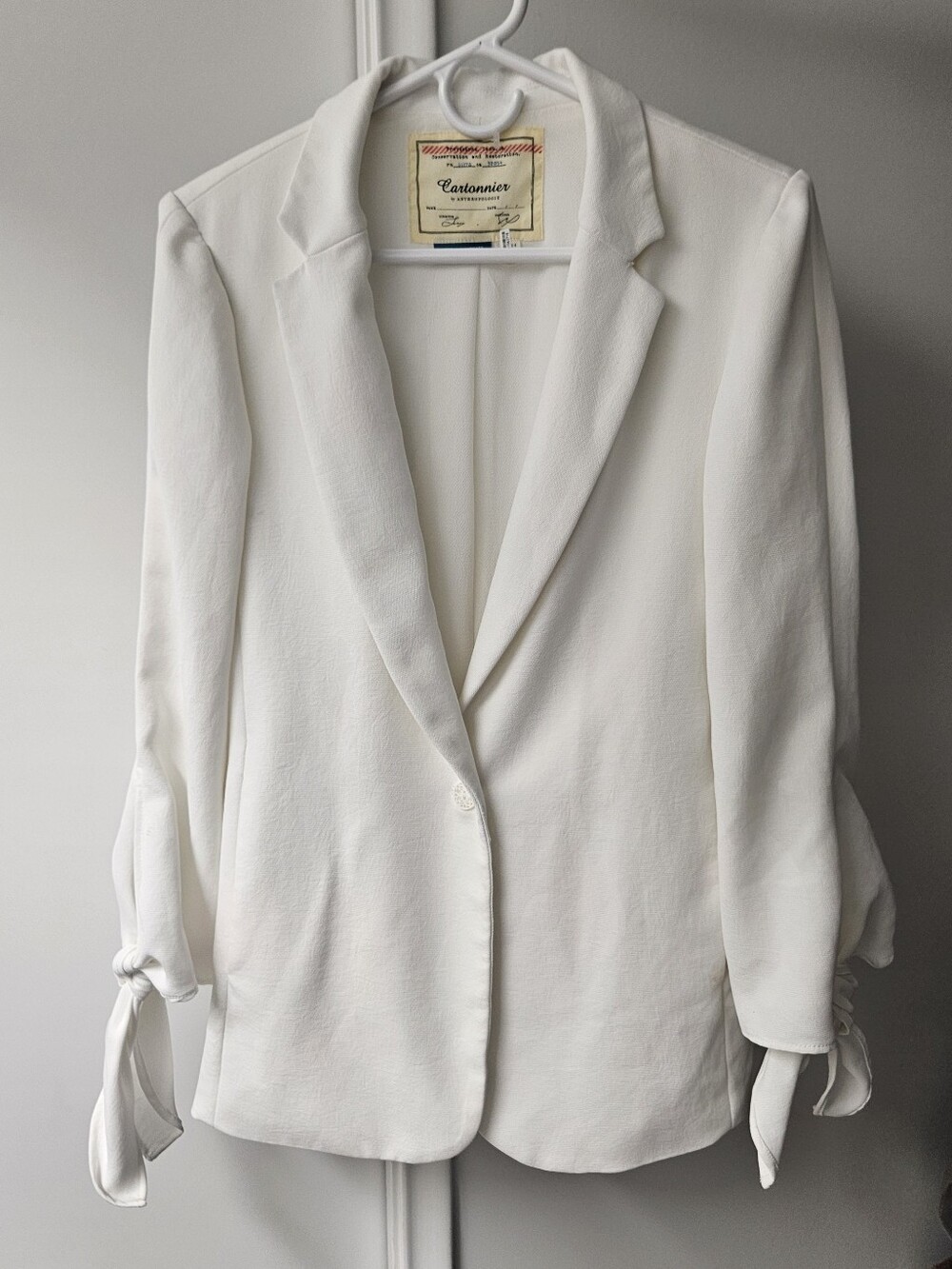 Anthropologie White Tie-Sleeve Blazer Jacket